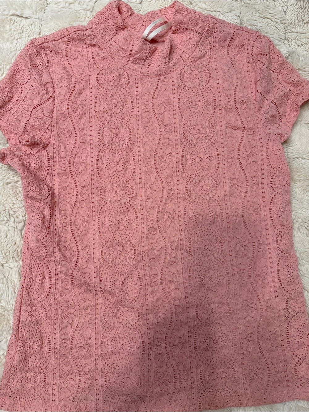 Anthropologie Pink Lace Short-Sleeve Mock Neck Top